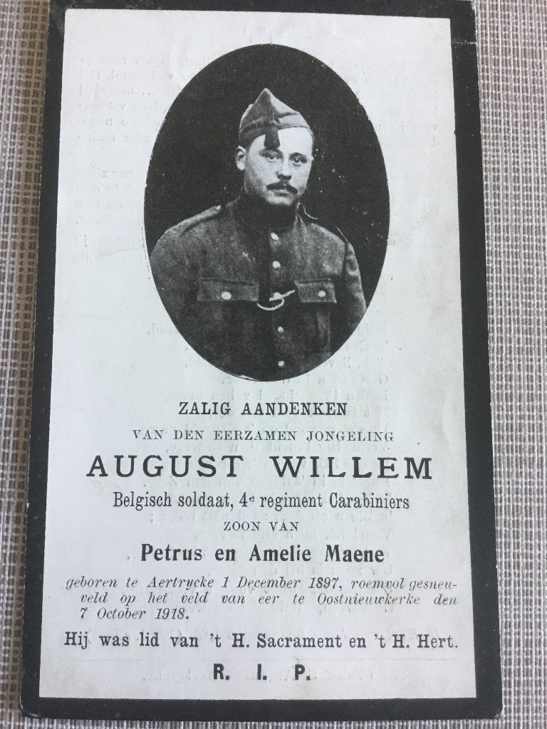 Soldaat A.Willem Aartrijke gesneuveld Oostnieuwkerke 1918, Verzamelen, Verzenden, Bidprentje