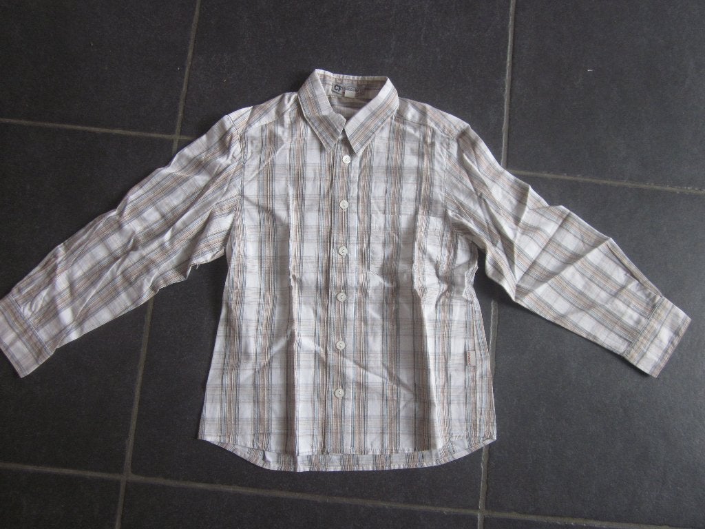 wit-blauw-beige hemd met fijne strepen, Kinderen en Baby's, Kinderkleding | Maat 128, Ophalen of Verzenden, Gebruikt, Jongen, Overhemd of Blouse