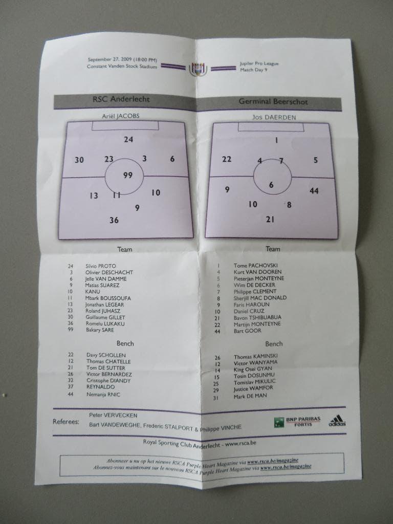 wedstrijdblad Rookie Romelu Lukaku Anderlecht 2009, Ophalen of Verzenden, Zo goed als nieuw, Poster, Plaatje of Sticker