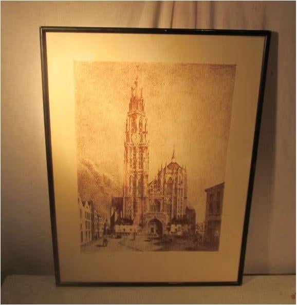 Mooi Oude Gravure 'Kathedraal Antwerpen' - Van Frachem, Ophalen of Verzenden, Stadsgezicht, Gravure, Ingelijst