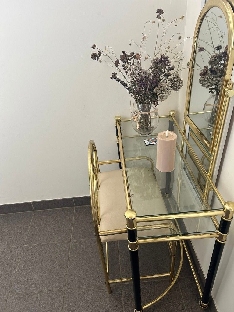 Make-up tafel messing /glas Afm 76/70 met spiegel 1,20 M, Ophalen, Glas