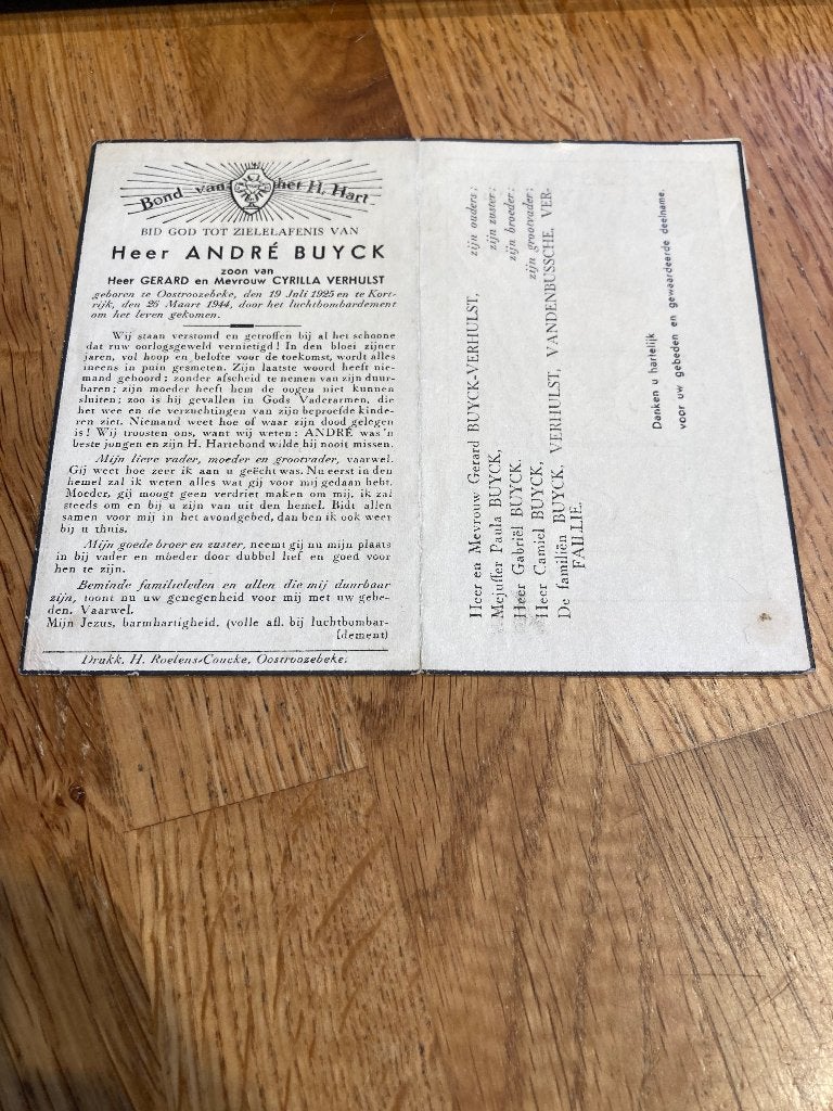 Oorlogsslachtoffer, wo2, oostrozebeke, kortrijk, 1944, Verzamelen, Bidprentjes en Rouwkaarten, Verzenden, Bidprentje