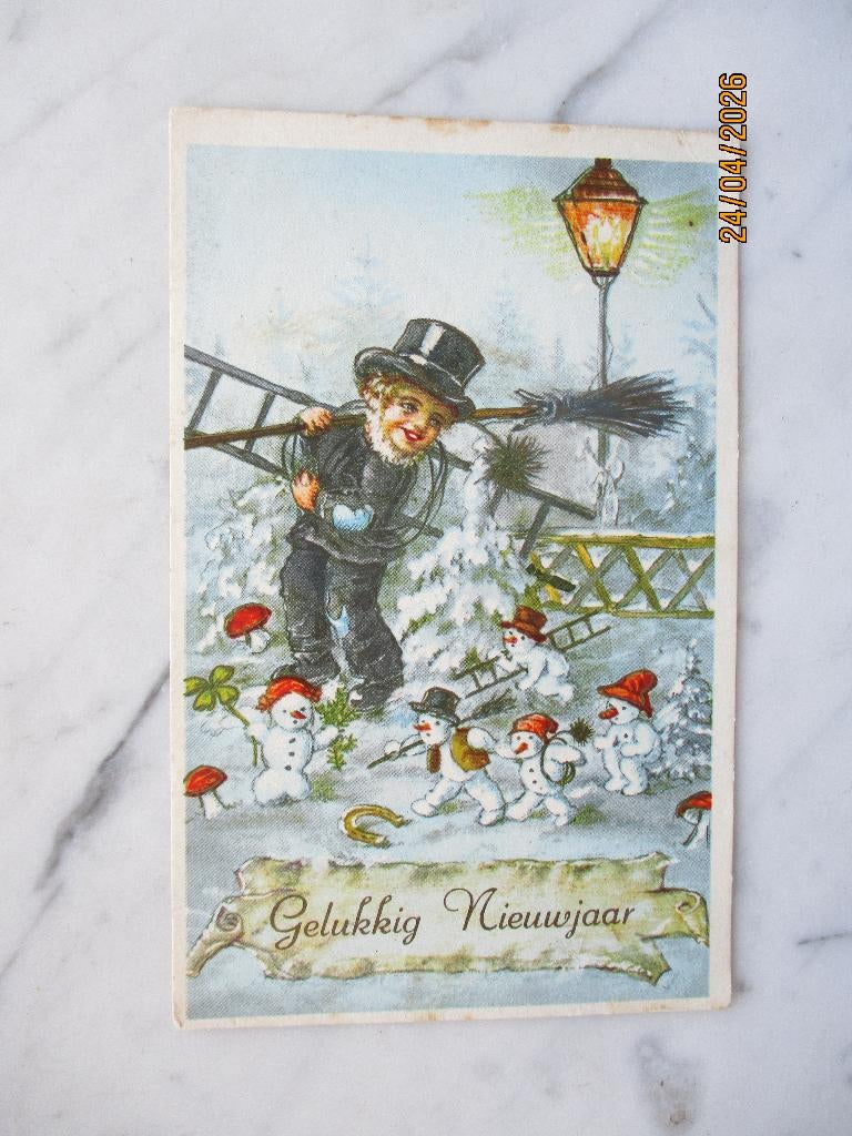 nieuwjaar schouwveger sneeuwmannen klaver vier hoefijzer, Envoi, 1940 à 1960, Affranchie, (Jour de) Fête