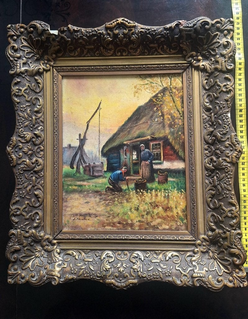 Olieverfschilderij: Boerderijtafereel met figuren, Antiek en Kunst, Kunst | Schilderijen | Klassiek, Doek, Realistisch, Ophalen of Verzenden