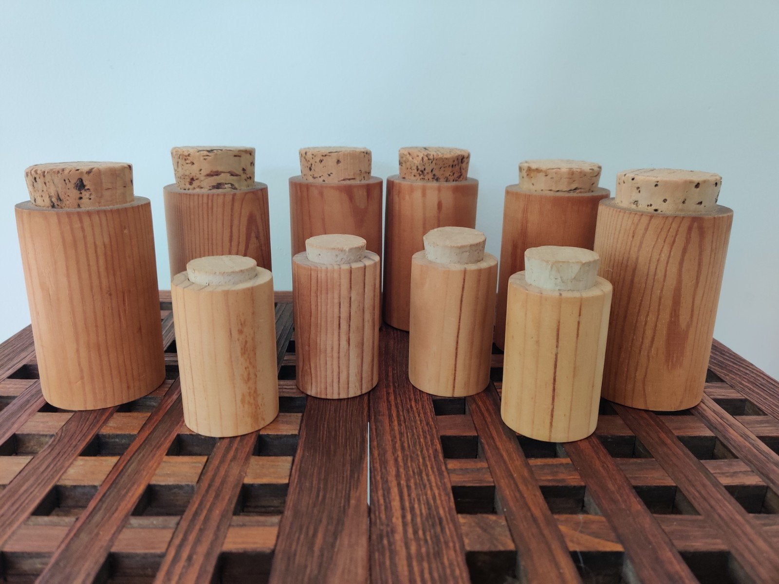 Set van 10 houten voorraadpotjes met kurken stop, Hout, Ophalen of Verzenden, Zo goed als nieuw, Voorraadpot