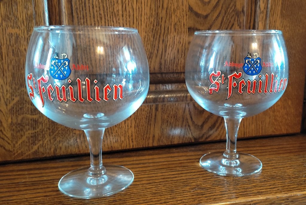 Set van 2 St-Feuillien glazen, Ophalen of Verzenden, Zo goed als nieuw, Bierglas