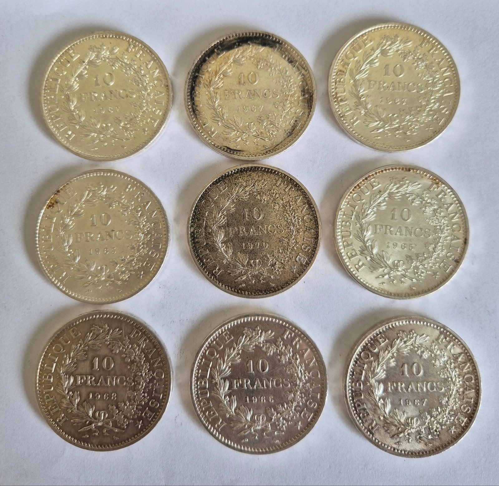 lot (4) 9 x 10 francs argent type Hercule, Envoi, France, Monnaie en vrac, Argent