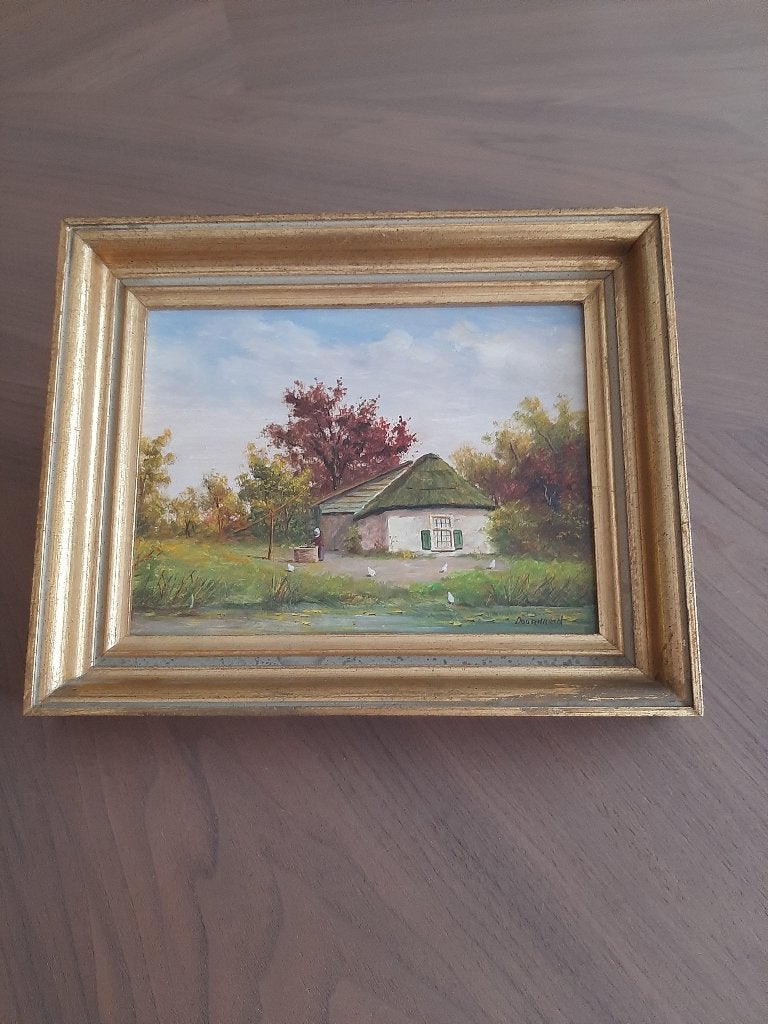 Olieverfschilderij op paneel "Holandse hoeve"  Doornhein, Antiquités & Art, Art | Peinture | Classique, Enlèvement ou Envoi, Paysage