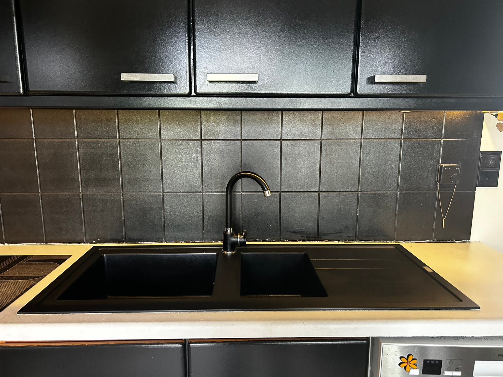 Dubbele spoelbak zwart met afdruiprek, Huis en Inrichting, Ophalen, Zo goed als nieuw, Zwart
