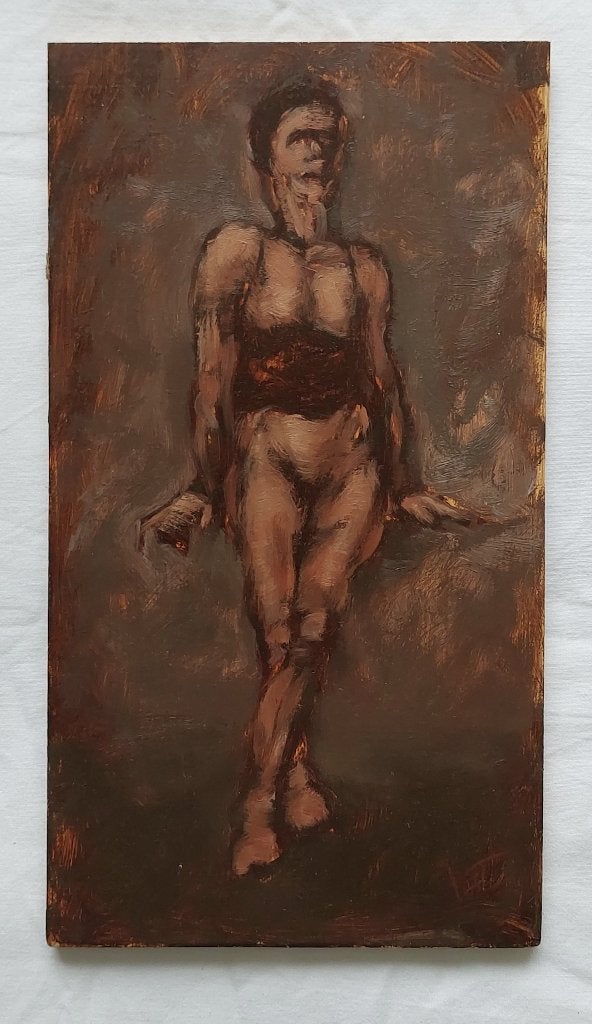 Studie van Staand Vrouwelijk Naakt - Olieverf, Antiek en Kunst, Paneel, Portret of Personen, Ophalen of Verzenden, Olieverf