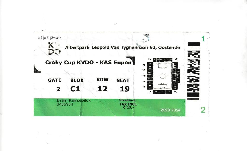 (gebruikt) ticket KVDO - KAS Eupen, Croky Cup (06/09/2024), Ophalen of Verzenden, Gebruikt, Overige typen