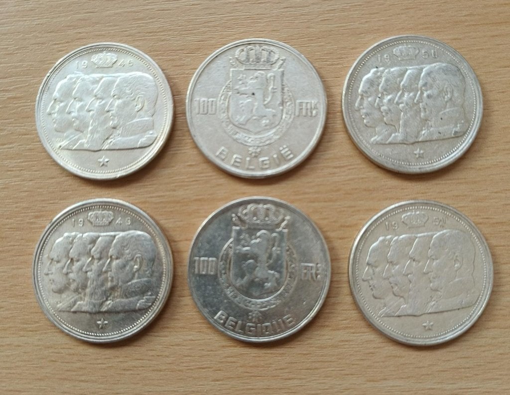6 Zilveren muntstukken van 100 Fr, Postzegels en Munten, Ophalen, Setje, Zilver, Zilver