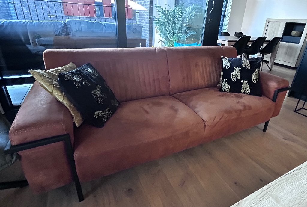 Zetel cognac kleur 3 zits leer, Ophalen, Gebruikt, Driepersoons, Rechte bank
