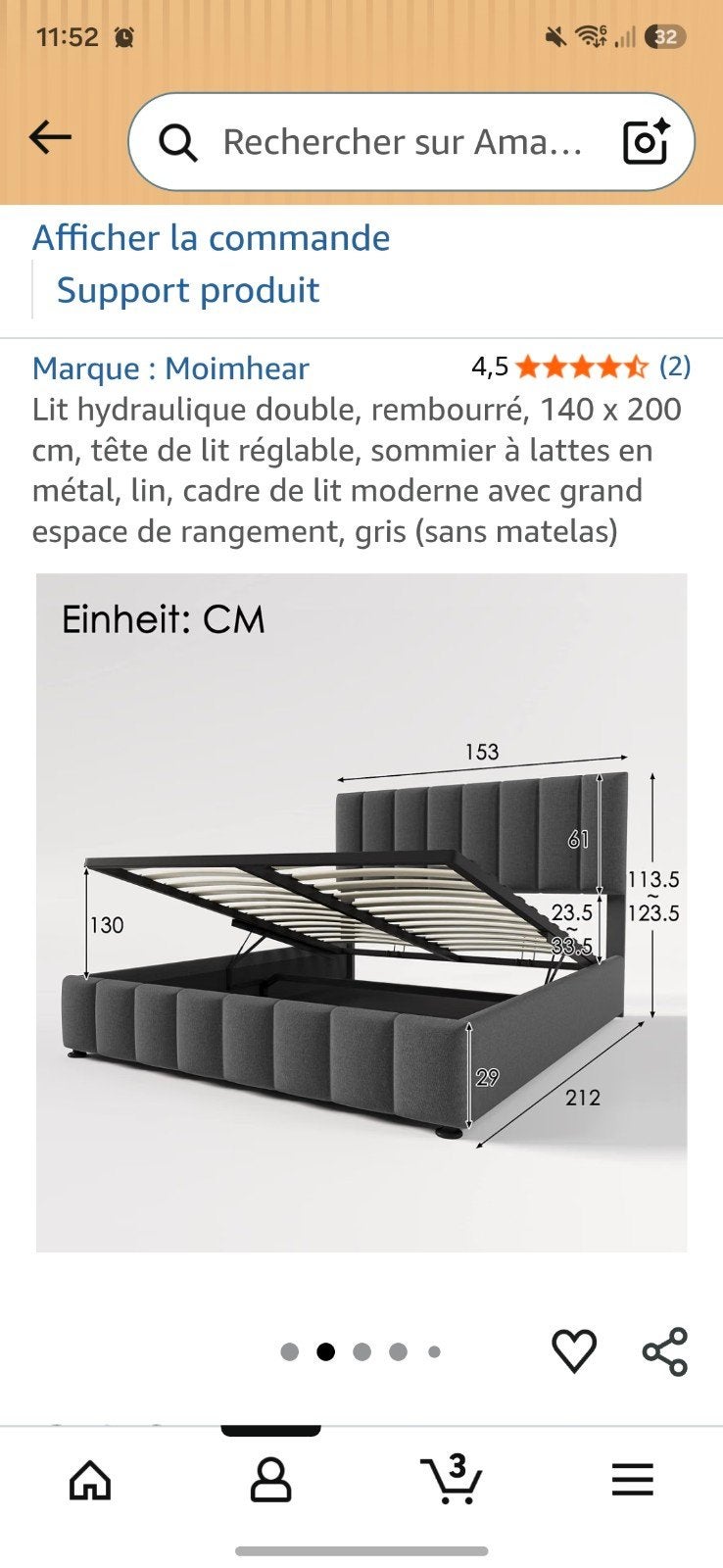 Lit double 140x200, Huis en Inrichting, Slaapkamer | Bedden, Ophalen, Gebruikt, Tweepersoons, 140 cm