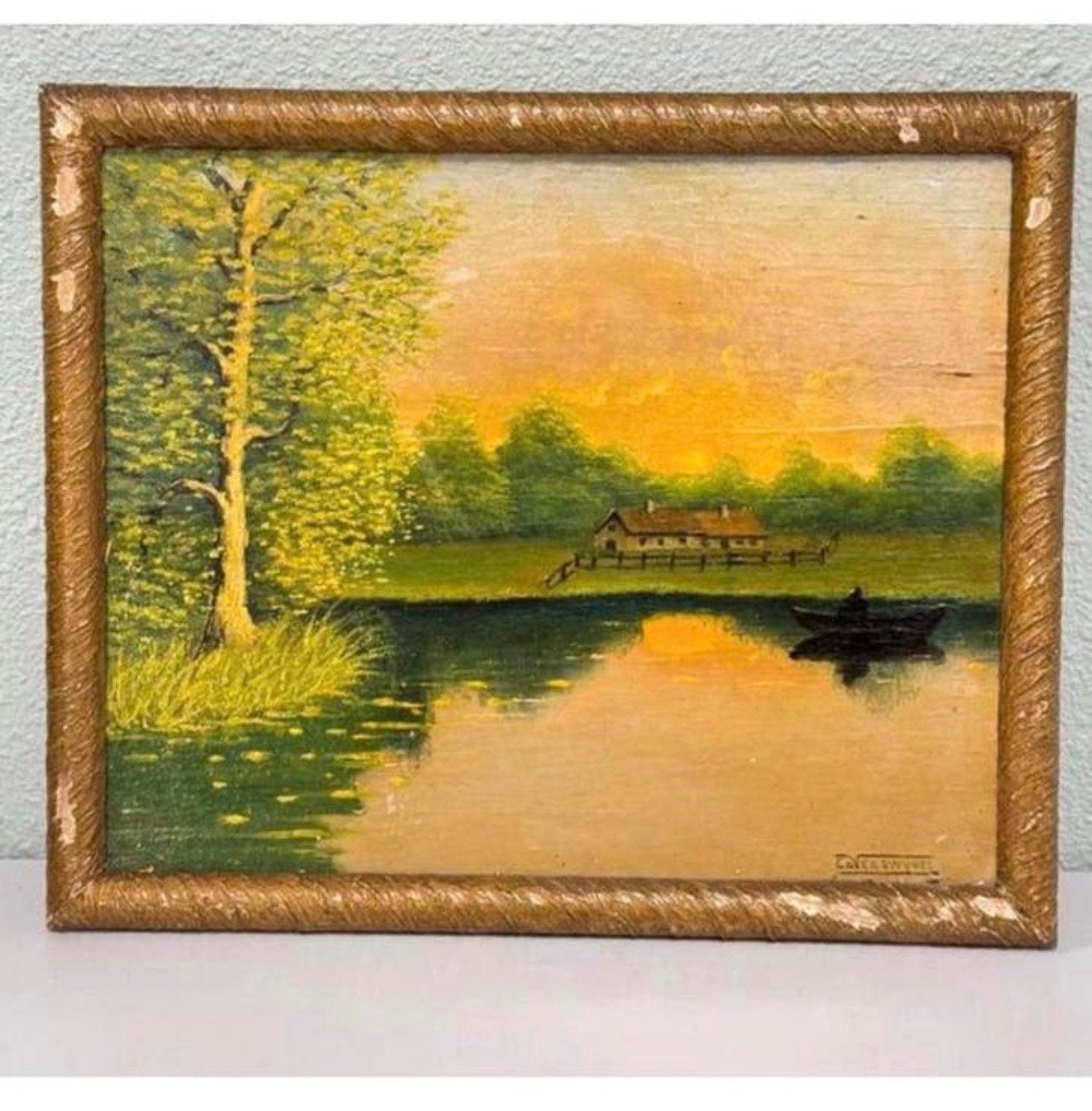 EDVER SWYVEL - Schilderij landschaps scène zonsondergang, Ophalen of Verzenden, Vintage, Landschap