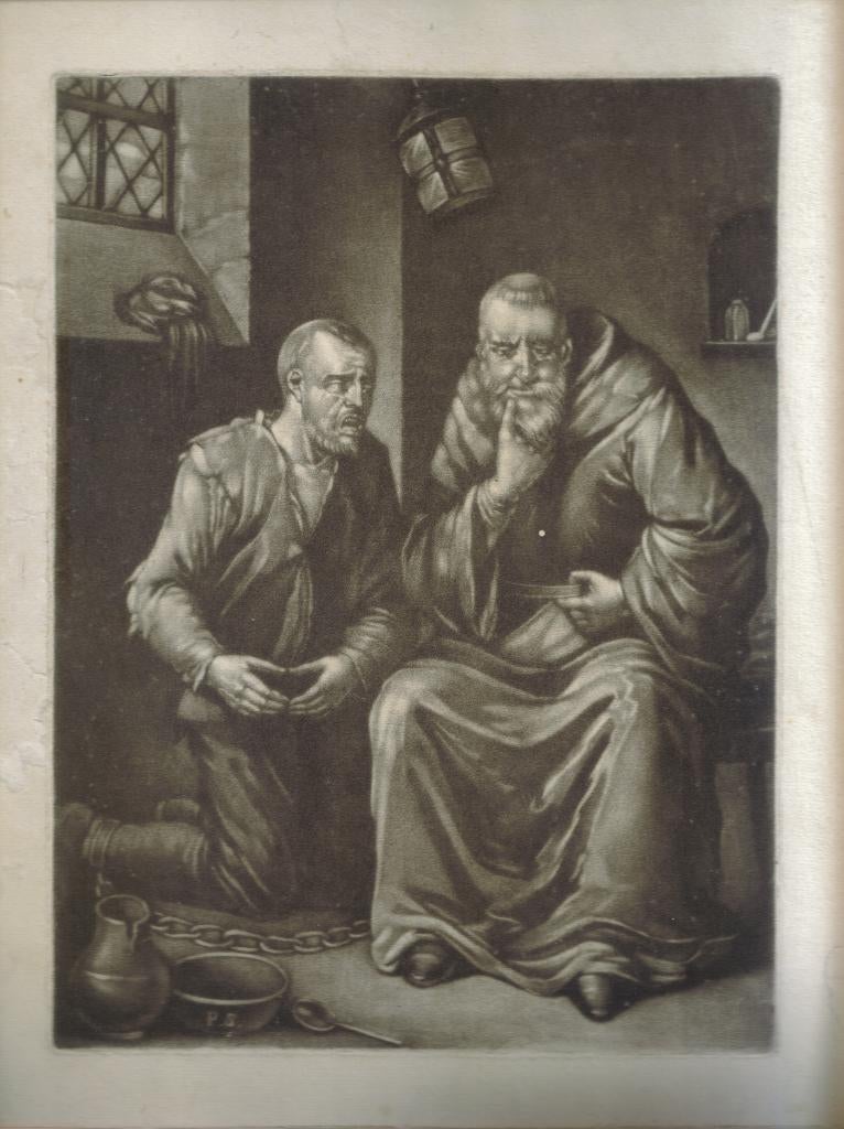 Petrus Schenk mezzotint "De Geketende en de Priester", Antiek en Kunst, Ophalen, Dagelijks leven, Overige technieken, 1600 - 1699