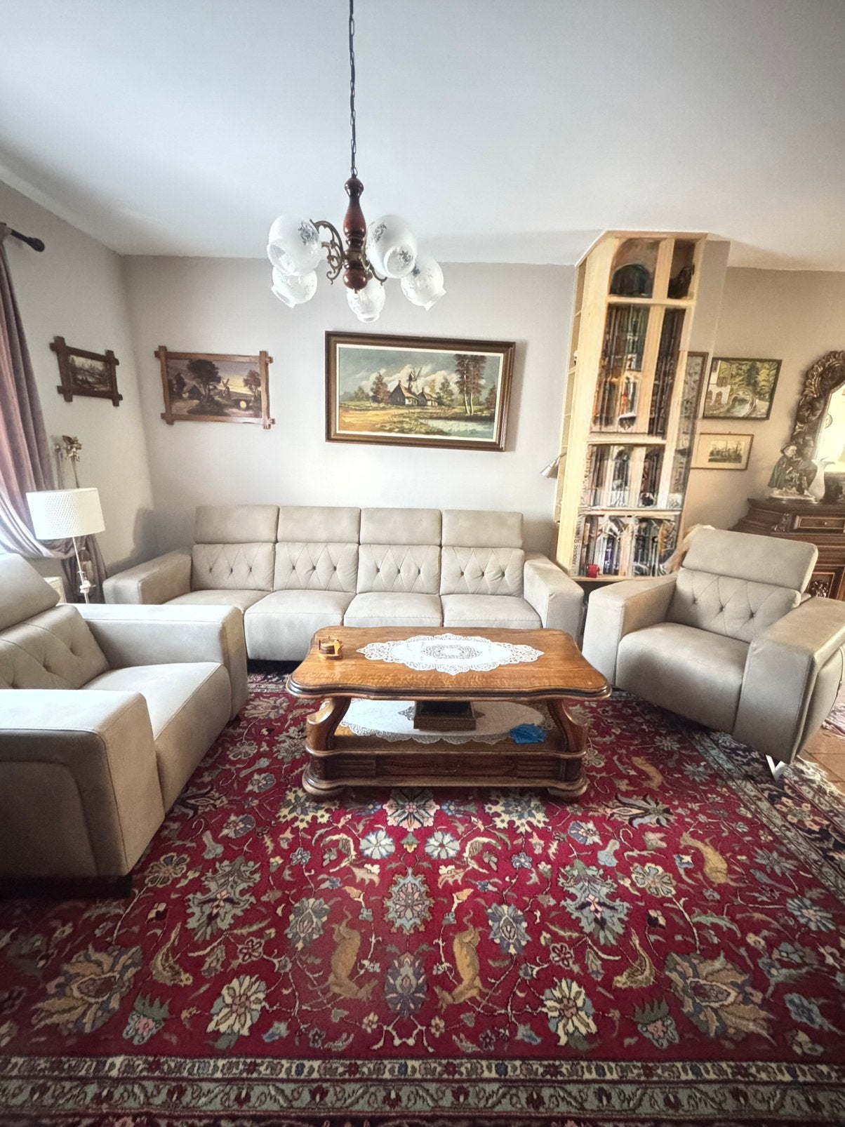 Salon complet en cuir simili beige, Ophalen, Zo goed als nieuw, Leer