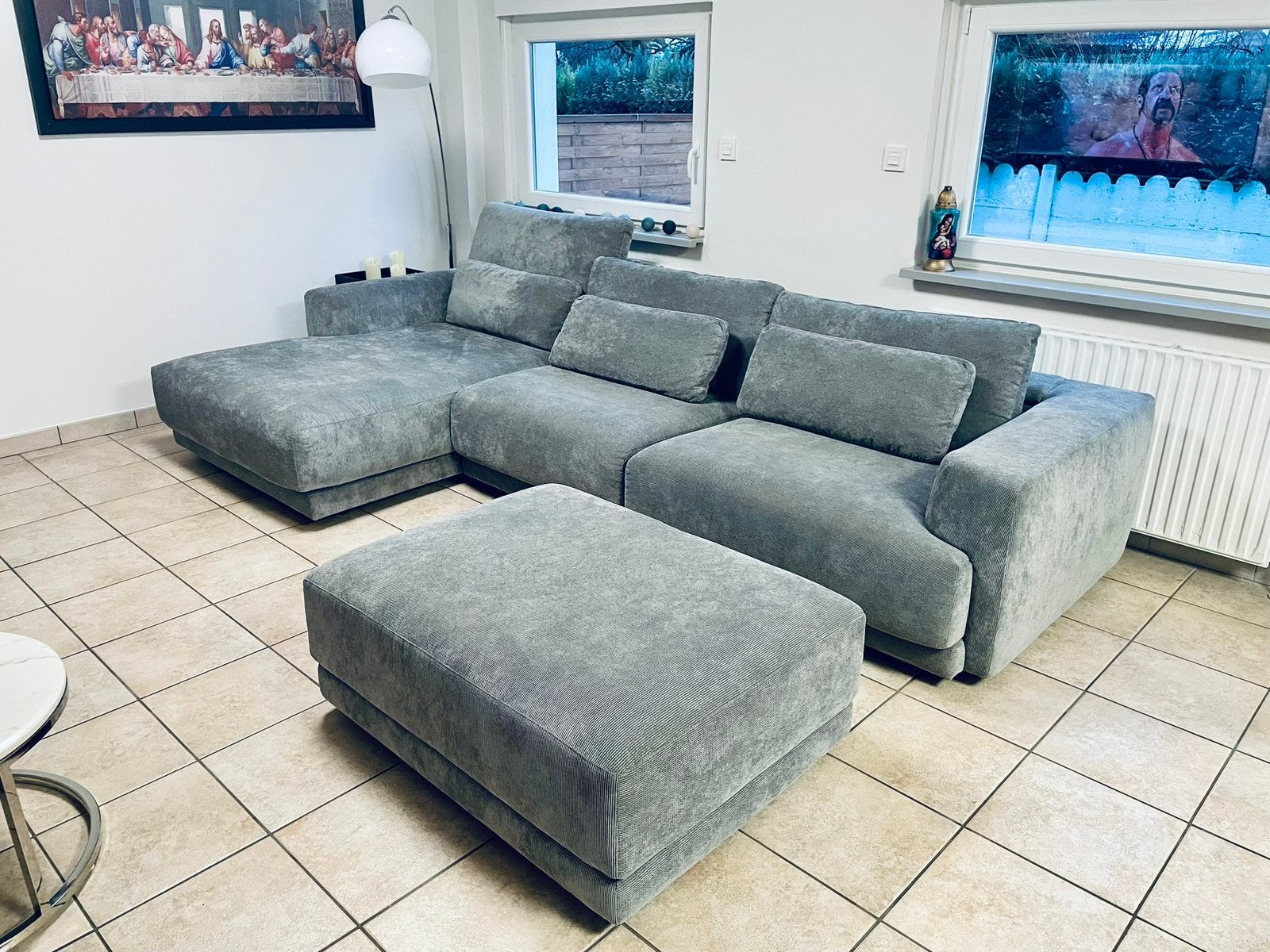 Canapé OLTA avec meridienne tetieres et pouf, Maison & Meubles, Enlèvement, Comme neuf, Tissus