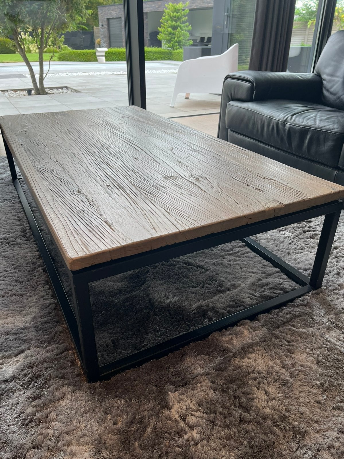 Salontafel met metalen kader, Ophalen, 50 tot 100 cm, 150 tot 200 cm, Eikenhout