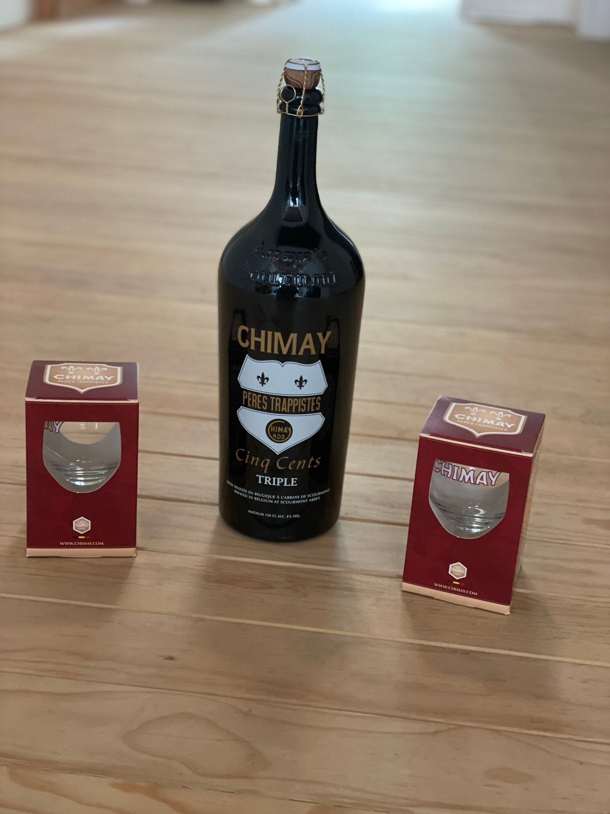 Chimay Magnum doos van 1,5 liter, 2 Chimay-glazen nieuwstaat, Ophalen, Nieuw, Overige gebieden, Vol