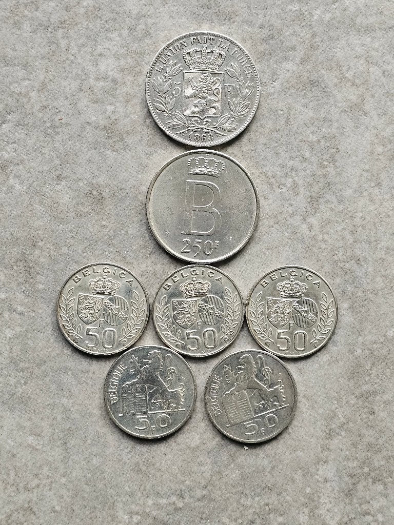 Zilveren Belgische munten 1868 - 1976 - 3x1960 -  1948-1949, Postzegels en Munten, Ophalen, Setje, Zilver, Zilver