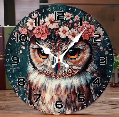 Ronde wandklok van hout Uil met bloemen (25cm), Ophalen of Verzenden, Nieuw, Wandklok
