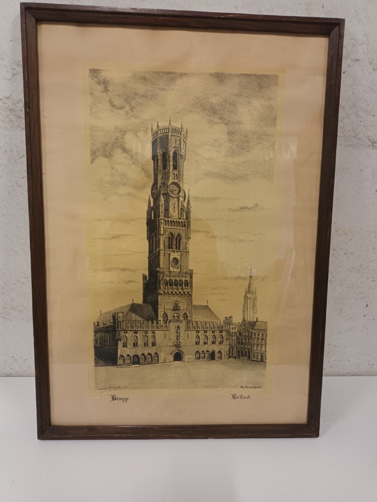 Prachtige grote ingelijste prent "Belfort van Brugge" – Ch., Antiek en Kunst, Kunst | Tekeningen en Fotografie, Ophalen of Verzenden