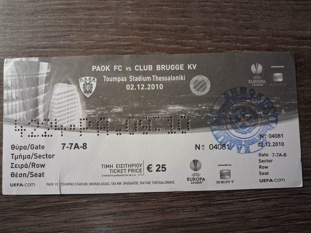 Europa League PAOK FC - Club brugge KV  2/12/2010, Tickets & Billets, Sport | Football