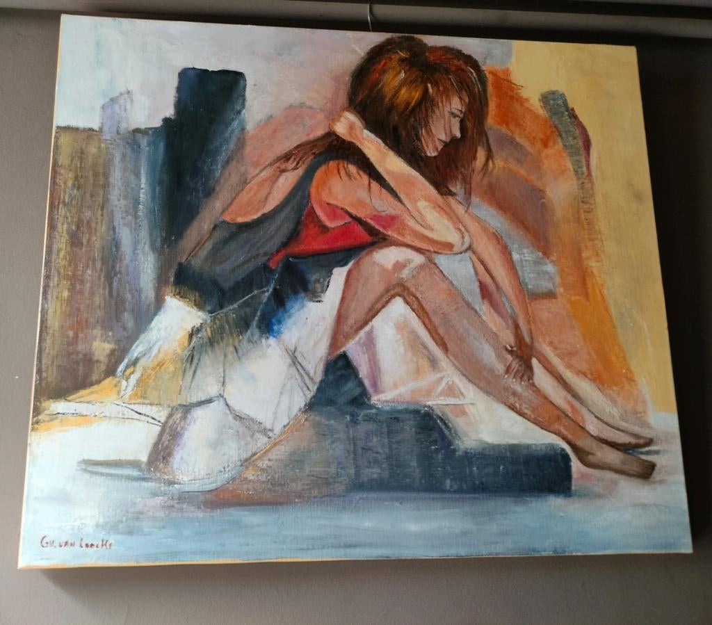 Schilderij zittende jonge vrouw, Antiquités & Art, Art | Peinture | Moderne, Enlèvement