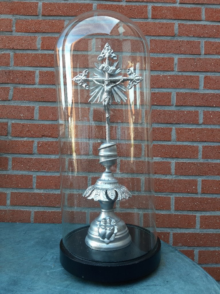 glazen stolp met Christusbeeld, 22 cm, Enlèvement, Avec décoration incluse, Verre
