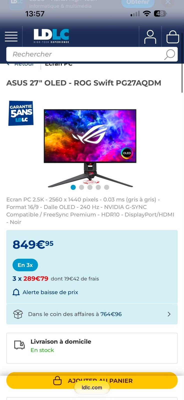 ASUS ROG Swift OLED PG27AQDM - 27" QHD 240 Hz OLED-gaming, Computers en Software, Ophalen of Verzenden, Zo goed als nieuw, DisplayPort