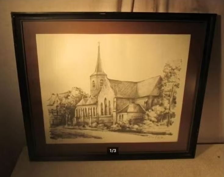 Mooie Litho 'Oude Kerk in het Dorp' - Anton, Antiek en Kunst, Genummerd, Ophalen of Verzenden, Landschappen, Lithografie
