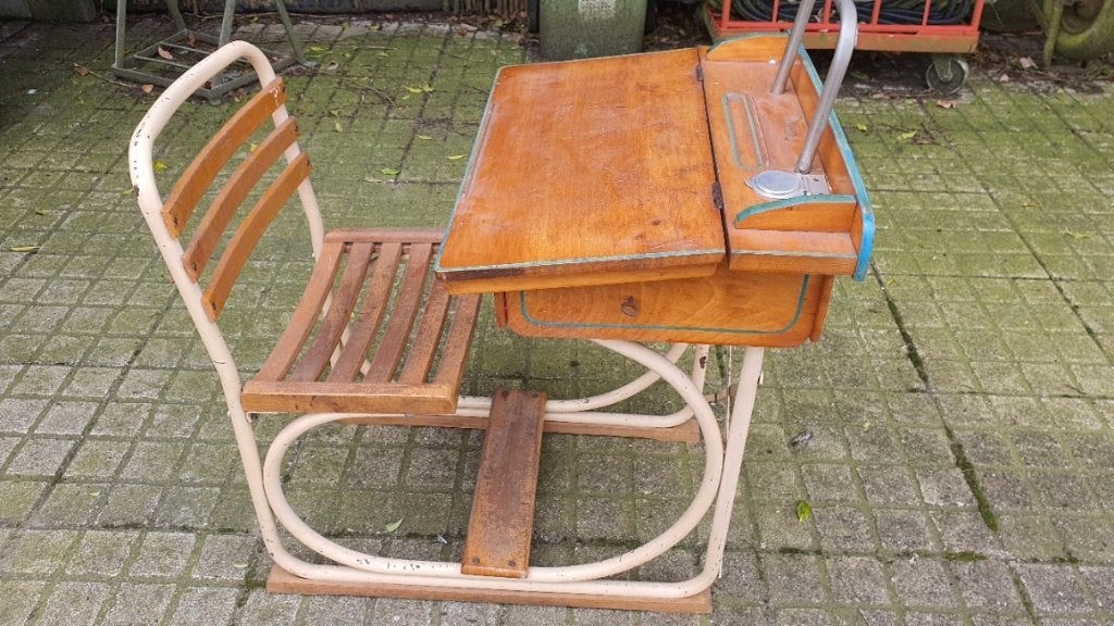 Unieke eenpersoons schoolbankje uit 1948 helemaal originele, Huis en Inrichting, Bureaustoelen, Ophalen, Gebruikt, Beige, Bureaustoel