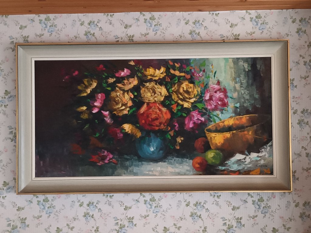 Schilderij - Bloemen - Groot, Antiek en Kunst, Doek, Gesigneerd, Olieverf, Klassiek