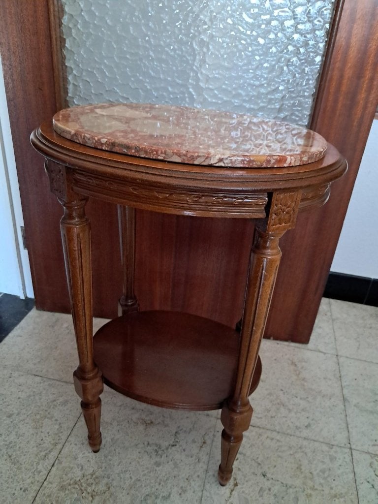 Petit guéridon en bois, tablette en marbre rouge, Vintage, Moins de 55 cm, Enlèvement, Utilisé