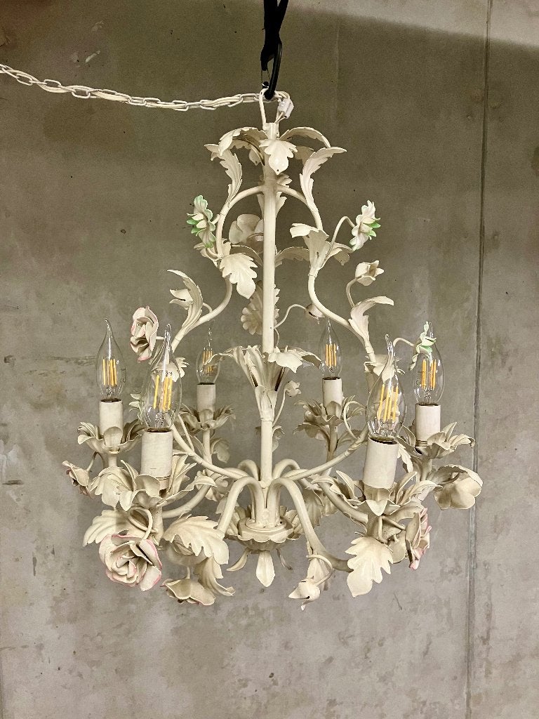 witte metalen luster / kroonluchter in Florentijnse stijl, Ophalen, Gebruikt, E14 (klein), Metaal