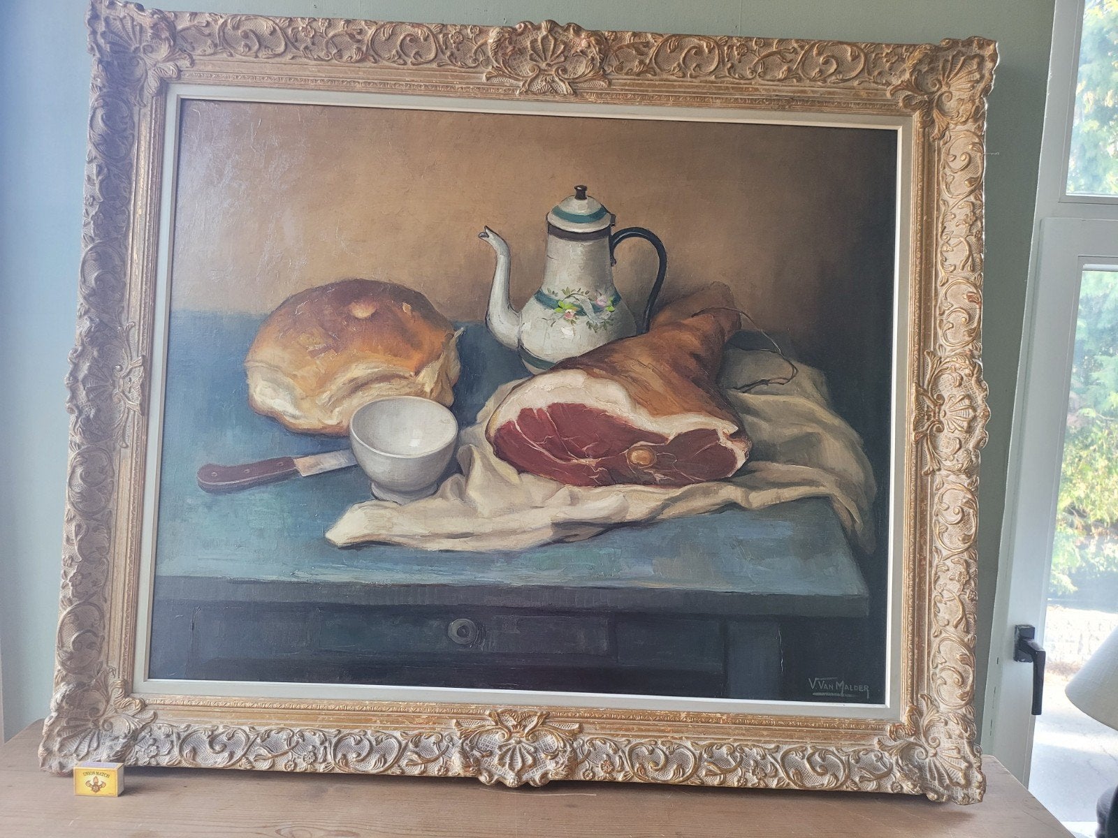 Groot schilderij op canvas ingelijst en gesigneerd door V. V, Ophalen, Doek