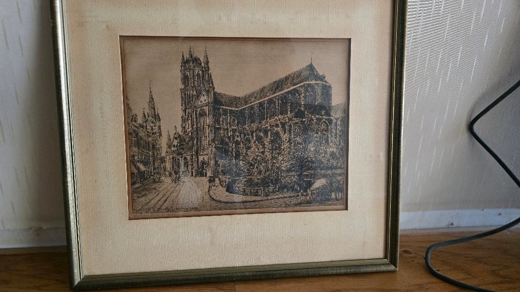 gravure de l'église Saint-Bavon de Gand, Eau-forte, 40 cm, 1950 - 1999, 50 cm