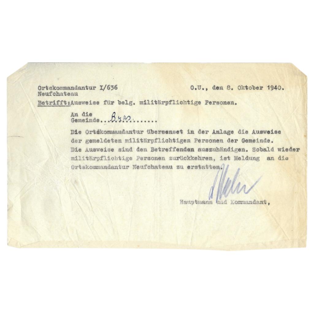 Doc. allemand Cartes d'identité des conscrits de Neufchâteau, Enlèvement ou Envoi, Armée de terre, Autres types