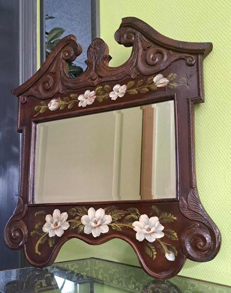 Miroir vintage bois sculpté peint main style grégorien, Enlèvement ou Envoi