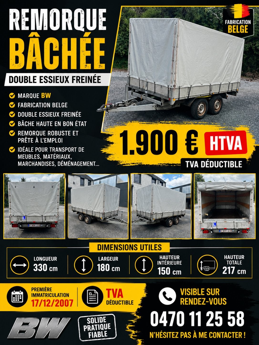 REMORQUE BÂCHÉE BW – DOUBLE ESSIEUX FREINÉE, Autos : Divers, Enlèvement, Comme neuf