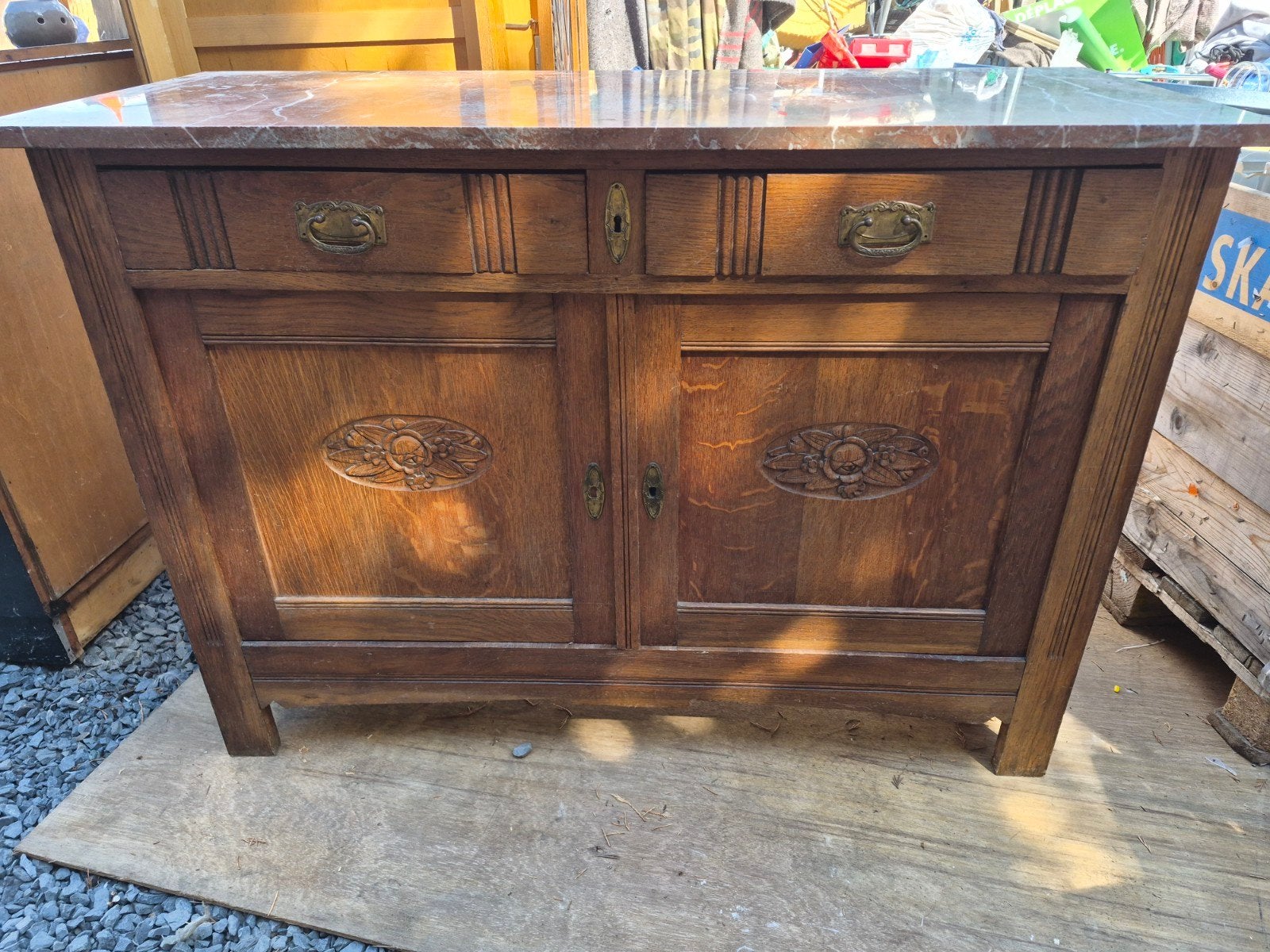 eikenhouten laag dressoir met marmeren blad, Ophalen