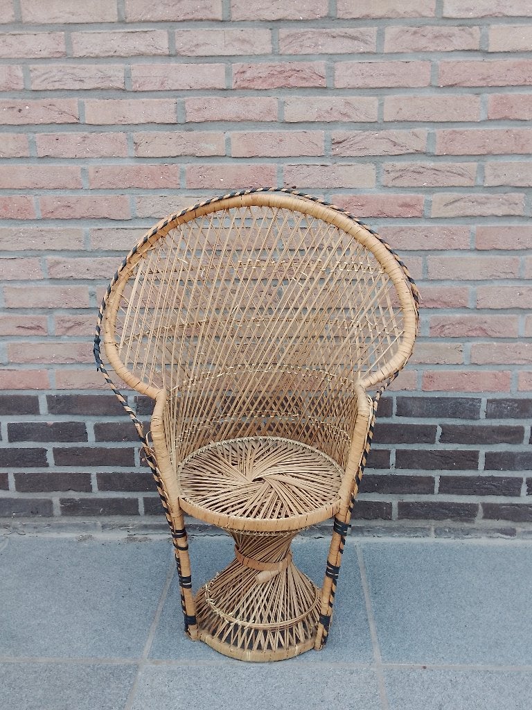 Vintage Rotan Pauwenstoel – Boho Lounge Stoel – Jaren 70 Sti, Huis en Inrichting, Stoelen, Gebruikt, Eén, Riet of Rotan, Bruin