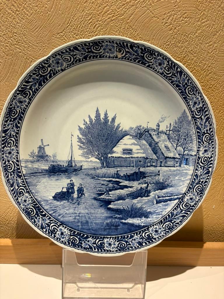 Groot vintage Boch Delfts blauw wandbord 39,5 cm, Ophalen