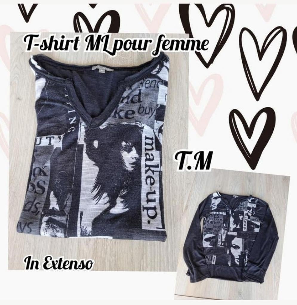 T-shirt ML pour femme-noir avec motifs-In Extenso-T.M, Zwart, Gedragen, In extenso, Ophalen
