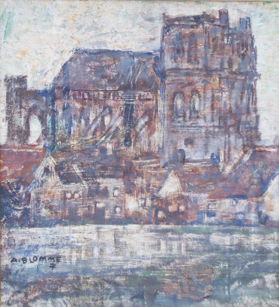 Alfons Blomme (1889-1979): Kerkzicht (64 x 70 cm), Antiek en Kunst, Ophalen of Verzenden, Surrealisme, Gesigneerd