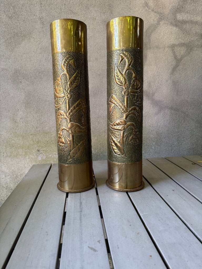 2 bewerkte obussen uit WO I trench art, Enlèvement, Utilisé, Métal, Autres styles