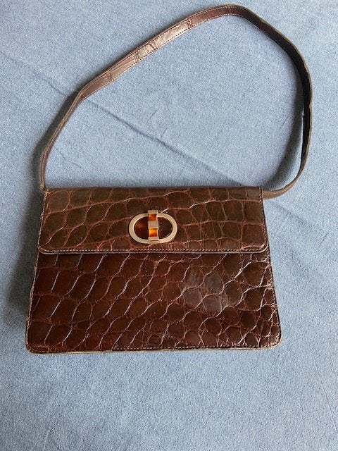 Vintage tas met krokodil, Verzenden, Gebruikt, Bruin, Handtas