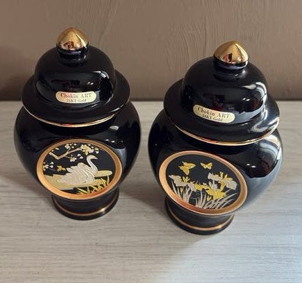 Set van 2 Vintage Japanse ‘Art of ChokinDekselvaasjes 24 KT, Antiek en Kunst, Ophalen of Verzenden