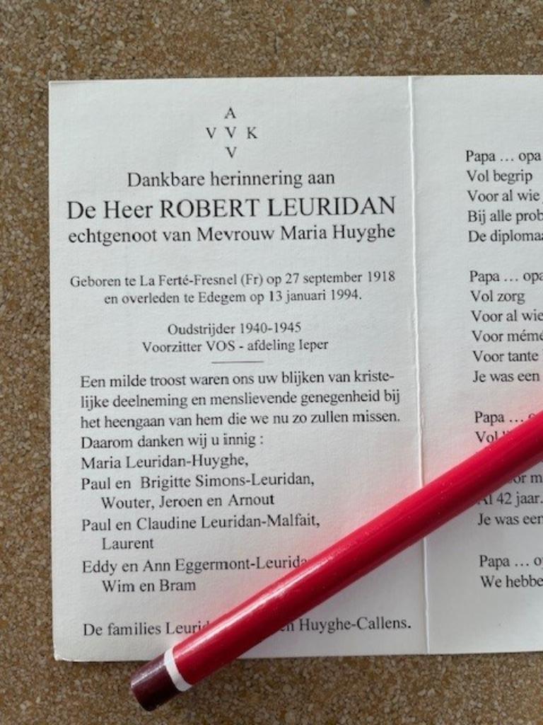 BP AVV/VVK - VOORZITTER VOS AFD IEPER DHR ROBERT LEURIDAN, Enlèvement ou Envoi, Image pieuse